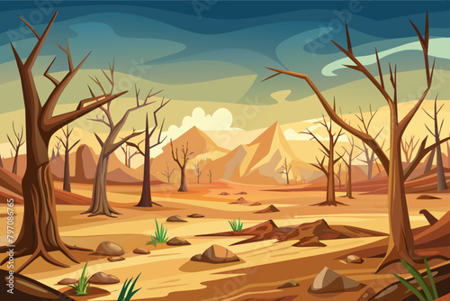 A barren wasteland with dead trees, a reminder of the destruction caused by deforestation and pollution.