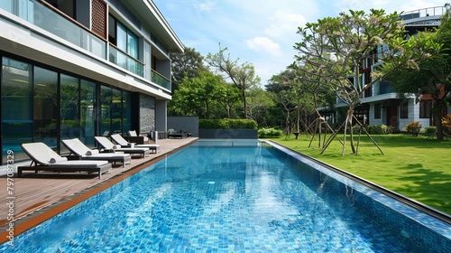 Modern swimming pool covered with glass panels beside a green lawn garden including trees and chairs