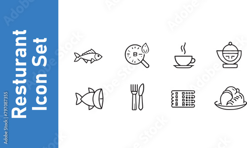 Restaurant icon set. Food. fish, cup, coffee, mutton, hen, rice, rice with payola, etc.