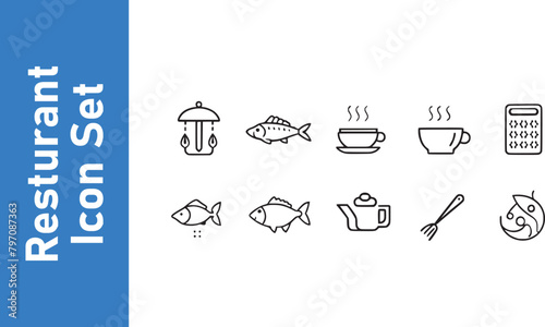 Restaurant icon set. Food. fish, cup, coffee, mutton, hen, rice, rice with payola, etc.