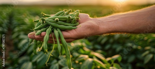 Person holding fresh green beans, a leaf vegetable, as a natural food ingredient