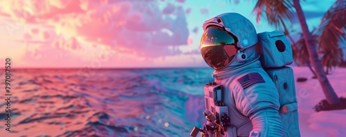 Solitary astronaut in a space suit admires a stunning sunset by the ocean on an alien planet