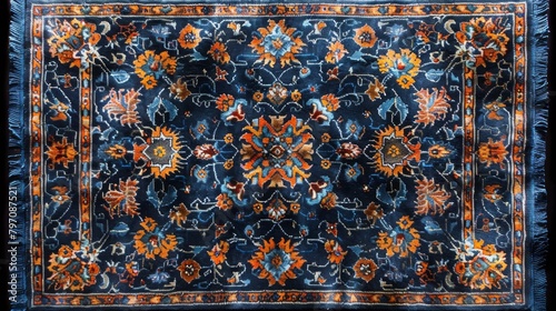 An antique carpet design. The boring background. The old carpet color geometry knitwear carpet textile texture abstract geometry of orange, blue, black background.