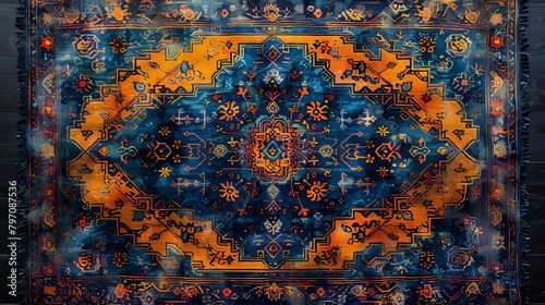 Old carpet design, boring background, knitwear carpet textile texture abstract geometry of orange, blue, black...