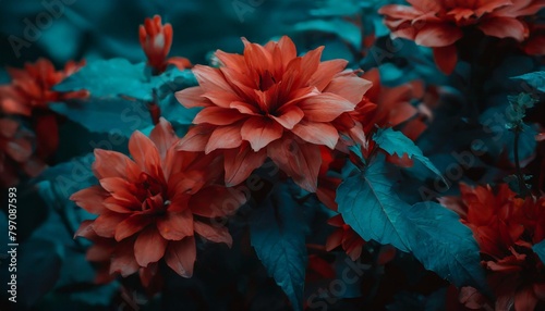 warm red flowers blend with cool blue leaves