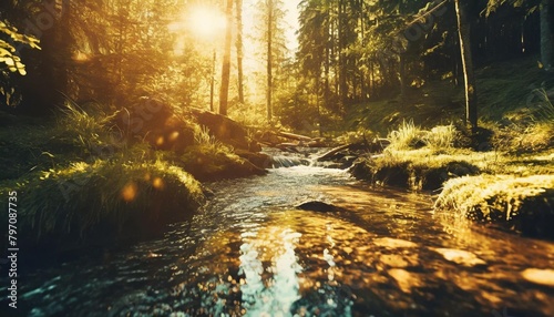 forest creek in warm sunlight