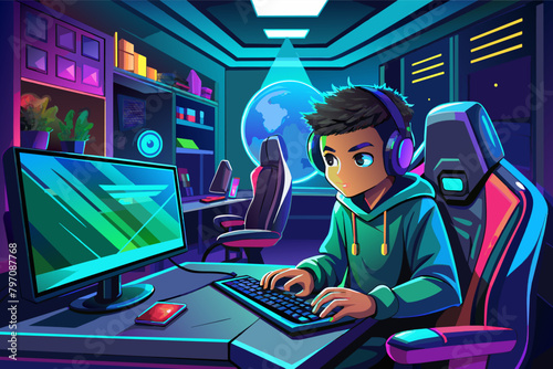 A boy customizing his gaming setup with personalized decals and LED lighting strips in his luxury gaming room