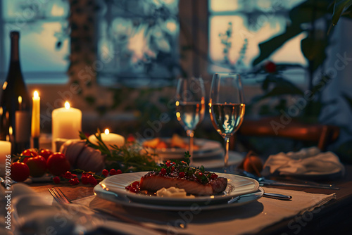 A romantic dinner setting with a plate of food, wine glasses, and candles, with a soft-focus evening background. photo