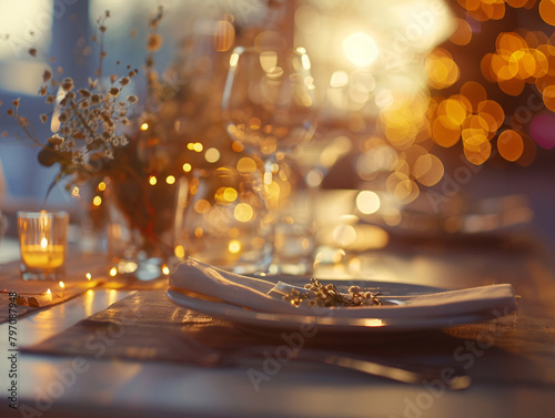 An elegantly set dinner table at dusk featuring soft lighting, candles, and a floral centerpiece under a bokeh background.