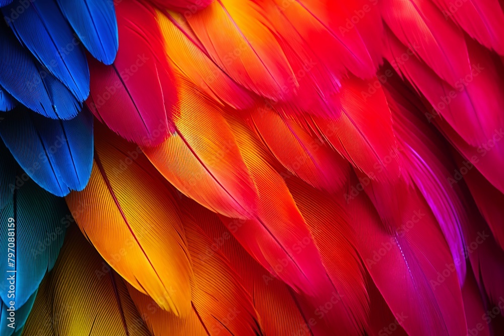 Fototapeta premium Vibrant Parrot Feather Gradients: Eco-Tourism Travel Brochure Blooms & Wings