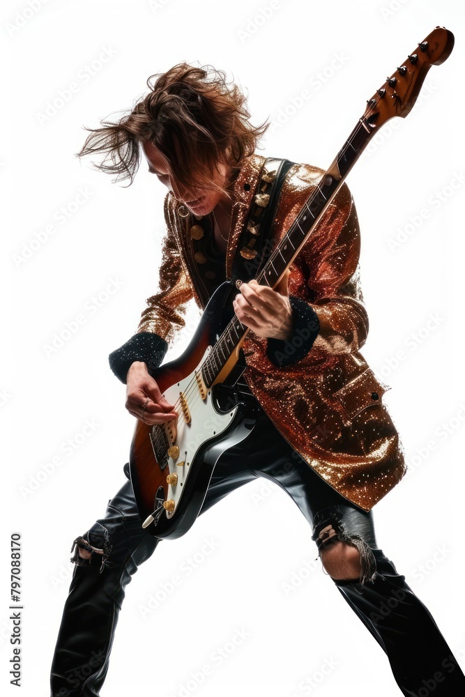 Fototapeta premium Play of rock guitarist with glittering jacket musician white background entertainment.