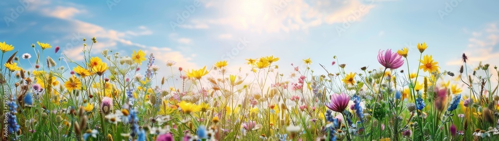 A wide frame of a meadow with colorful wild flowers, a blue sky with the sun shining overhead Generative AI