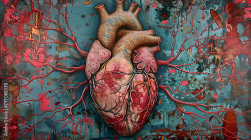 A heart with pink and brown veins. surrounded by red and blue patterns representing the venous system. 