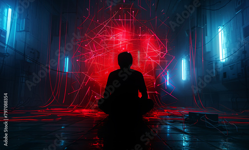 Addiction. A man in the center of an empty room sits on his knees with a laptop, he is surrounded by many wires and cables that around him