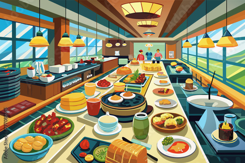 A breakfast buffet at a bustling hotel restaurant, offering a variety of international cuisines to suit every palate