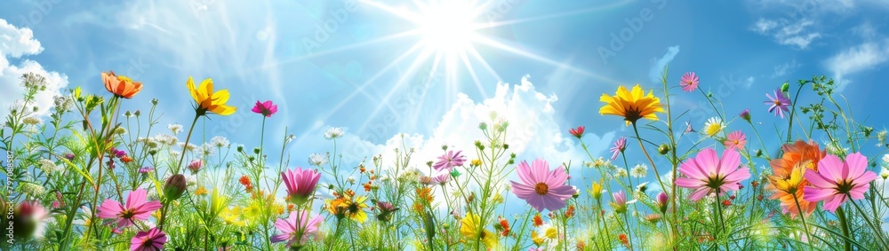a meadow with wild flowers, a blue sky and the sun shining Generative AI a meadow with wild flowers, a blue sky and the sun shining Generative AI