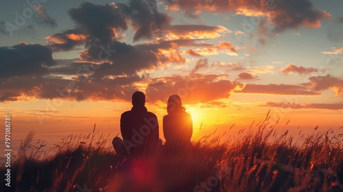 A panoramic view of two best friends watching a sunset from a clifftop on National Best Friends Day. photo
