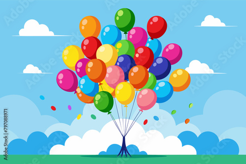 A burst of colorful balloons rising into a clear blue sky, representing celebration and hope.