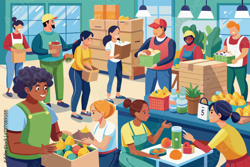 A bustling food bank where volunteers organize donations to help those facing hunger, highlighting a community safety net.