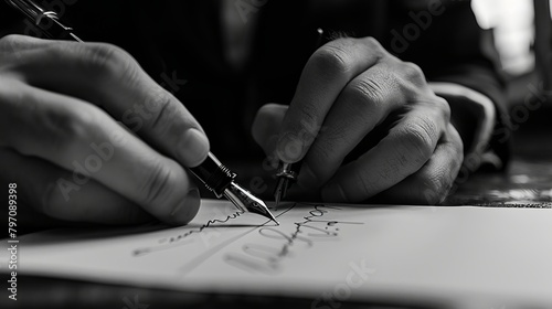 Signing a signature with a fountain pen photo