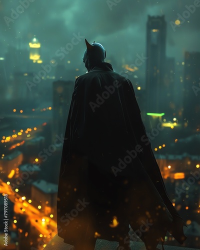 A classic vampire with a cape, standing dramatically on top of a building overlooking a misty city, clean sharp