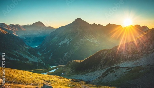 panoramic view of colorful sunrise in mountains filtered image cross processed vintage effect