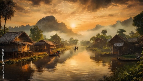 painting style illustration of beautiful nature landscape of rural countryside of southeast asian village at riverside at sunset time generative ai