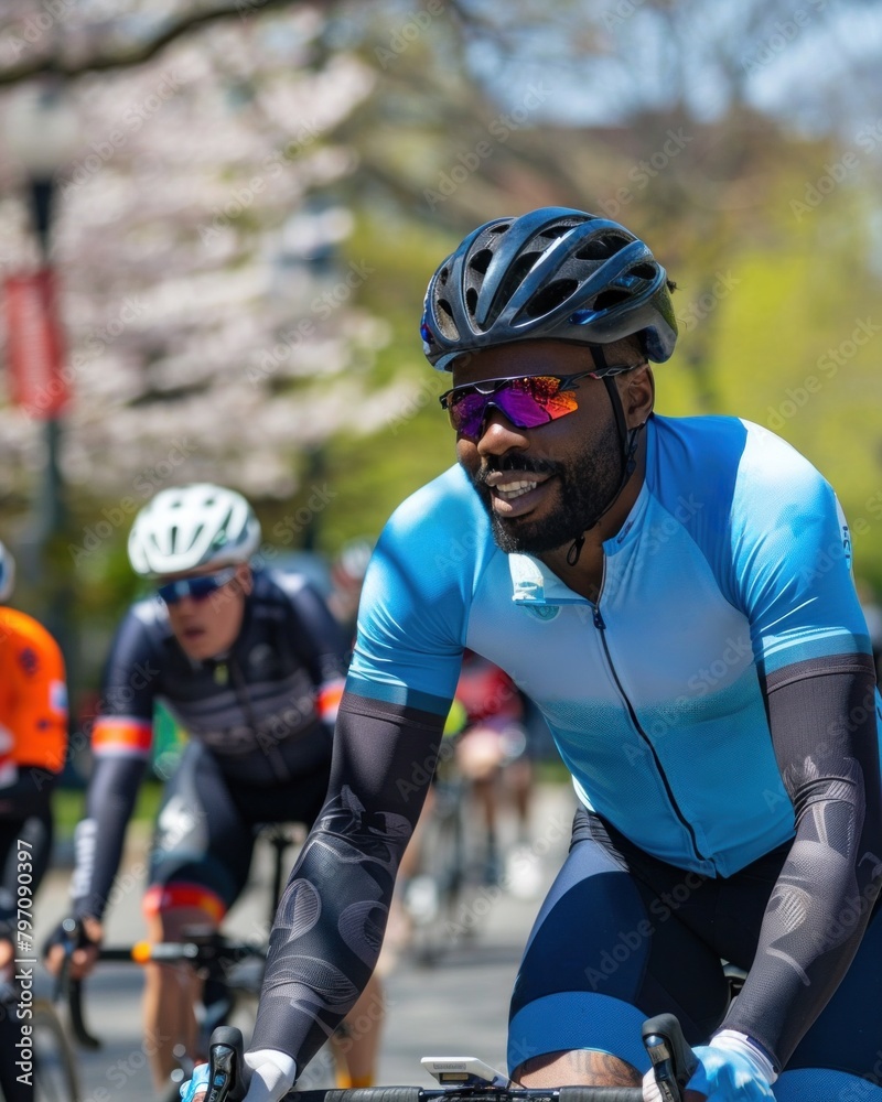A cyclist wearing a helmet and sunglasses is biking A cyclist wearing a helmet and sunglasses is biking