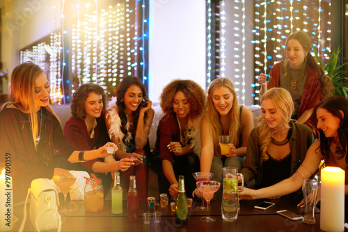 Canvas Print Party, nightclub and friends with alcohol shots for birthday celebration, ladies night and social event