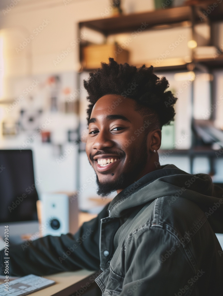 Smiling african american young man at her workplace, working hard in the office at her desk. Pleasant working atmosphere Smiling african american young man at her workplace, working hard in the office at her desk. Pleasant working atmosphere