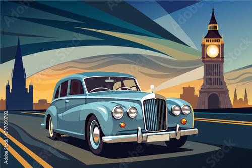 Classic Silver Car Cloud cruising through the streets, Tower Bridge in the background