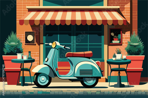 A classic Vespa scooter parked outside a rustic cafe in Italy, with a checked tablecloth and espresso cups adding to the vintage charm