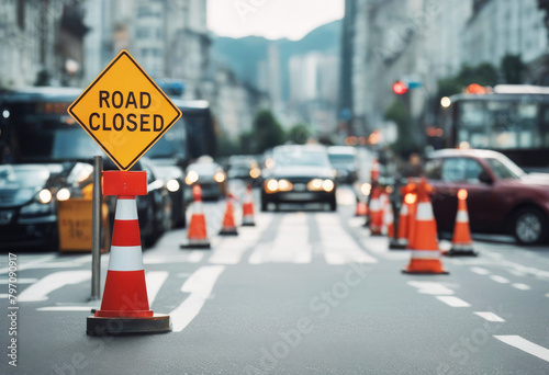 'closed road block street sign city highway busy traffic middle roadblock construction work site roadwork problem obstacle accident area' photo