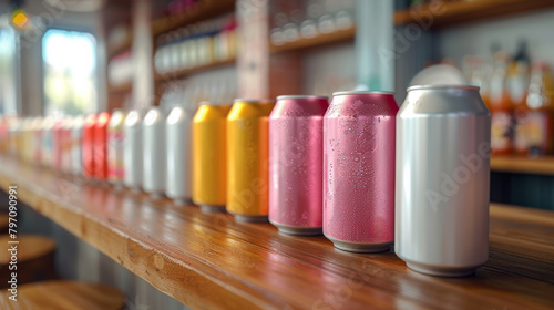 Colorful beverage cans on bar counter