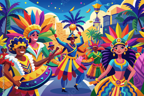 A colorful participants in the Carnaval de Barranquilla in Colombia  with vibrant costumes and lively music filling the streets