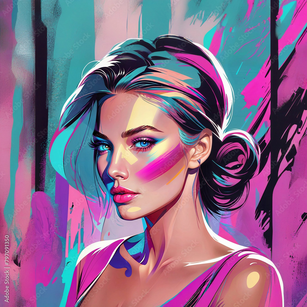 Fototapeta premium Oil portrait of a girl. Portrait of a woman with makeup.