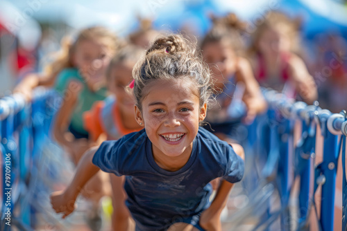 Eager kids leaping over hurdles on a school track, displaying agility and determination in junior track and field competitions. Concept of hurdling athleticism. Generative Ai. © Sebastian