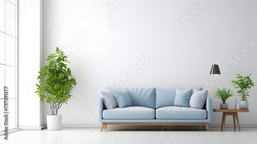 Scandinavian living room interior mockup in light colors with blue sofa, flower in a pot. House apartment design in a minimalist style