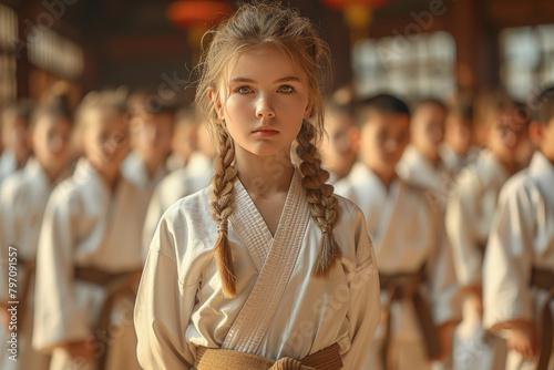 Spirited youngsters practicing martial arts in a dojo, demonstrating discipline and focus in youth karate classes. Concept of junior martial arts training. Generative Ai.