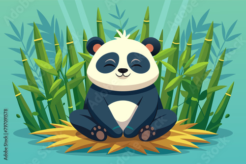 A contented panda sitting amidst a pile of bamboo leaves  its eyes halfclosed in blissful satisfaction