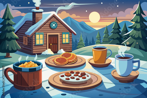 A cozy cabin breakfast table set with hearty oatmeal, freshly baked biscuits, and steaming mugs of hot cocoa, perfect for a snowy morning