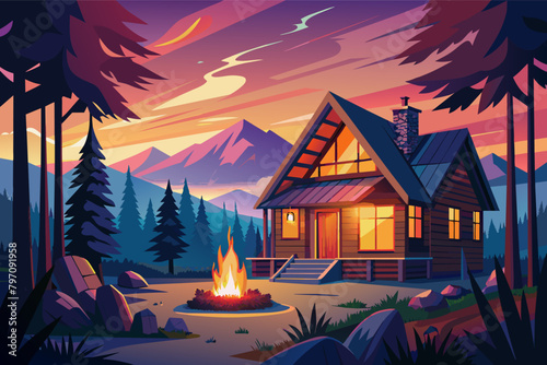 A cozy cabin in the woods with a crackling fire and woodland creatures Illustration