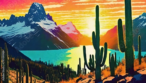 scenic view of glacier national park during sunrise in landscape comic style giant cactus digital illustration generative ai © Marcelo