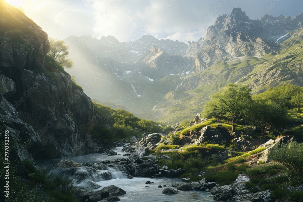 Obraz premium Beautiful natural landscape with high mountains, blue sky and river