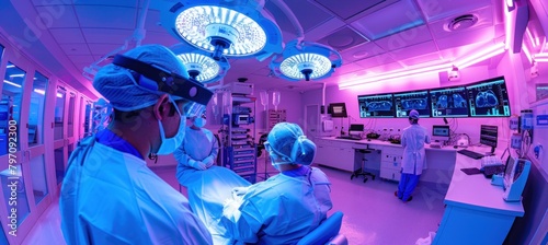 Surgeons in Electric blue scrubs are performing surgery in the operating room photo