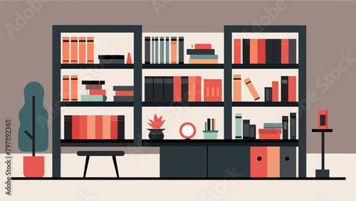 A modern and minimalist home library with sleek black shelves and a pop of color from a statement piece of artwork or furniture..