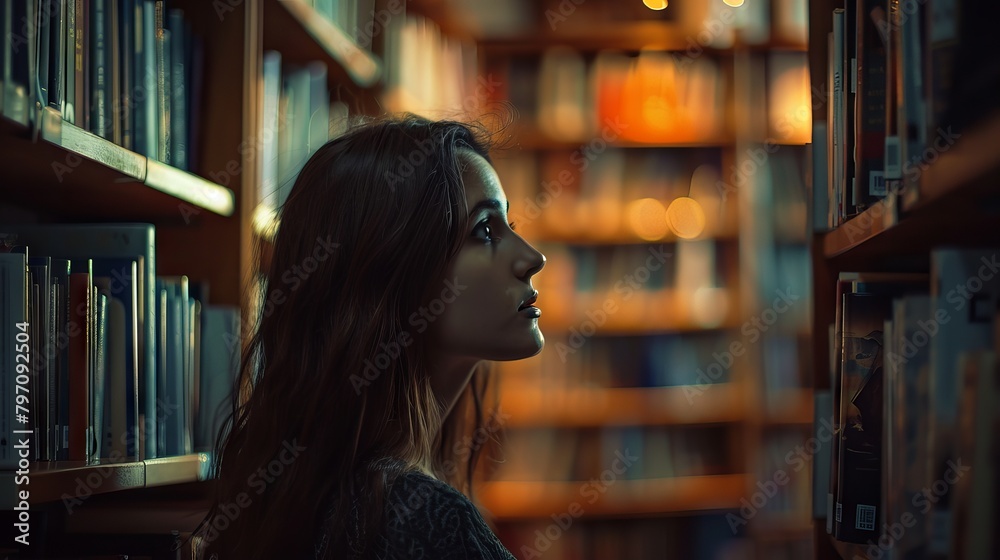 A person standing in the library A person standing in the library