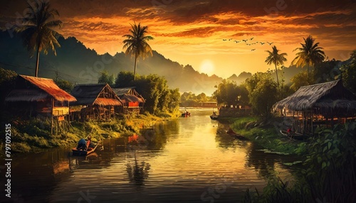 painting style illustration of beautiful nature landscape of rural countryside of southeast asian village at riverside at sunset time generative ai