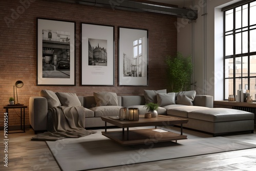 Scandinavian living room interior in light colors with a gray sofa, pillows, coffee table, dired flowers in vase. House apartment design in a minimalist style © Vladimir