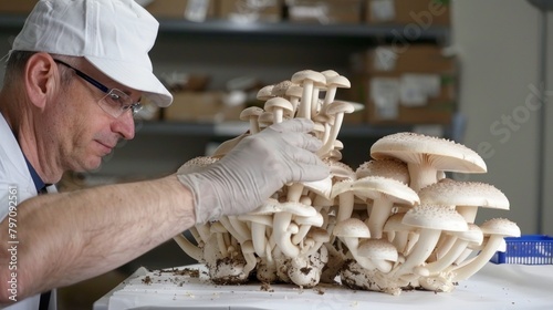 A man in a chefs hat is examining a variety of mushrooms on a wooden table